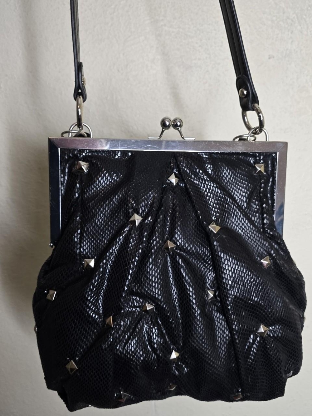 Custom Studded Kate Landry Frame Shoulder Bag Medium Black Poly Fabric Y2K - Picture 5 of 8